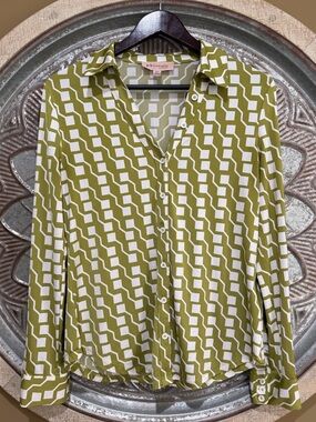 NEW Philosophy Republic Lime & White Geometric Retro Button-Down Blouse